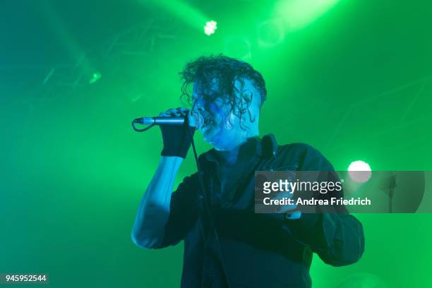 Peter Spilles of Project Pitchfork performs live on stage during a concert at Huxleys Neue Welt on April 13, 2018 in Berlin, Germany.