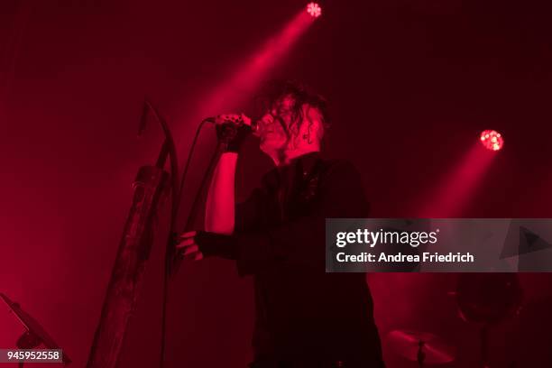 Peter Spilles of Project Pitchfork performs live on stage during a concert at Huxleys Neue Welt on April 13, 2018 in Berlin, Germany.