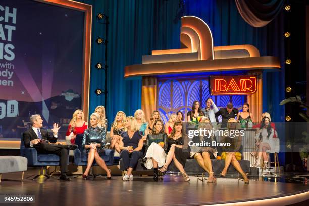 Episode 15066 -- Pictured: Andy Cohen, Camille Grammer, Dorinda Medley, Brandi Glanville, Adrienne Maloof, Vicki Gunvalson, Eileen Davidson, Lala...