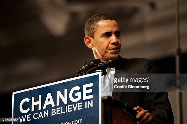 Barack Obama, U.S. Senator from Illinois and 2008 Democratic presidential candidate, pauses during remarks to supporters at a primary night rally in...