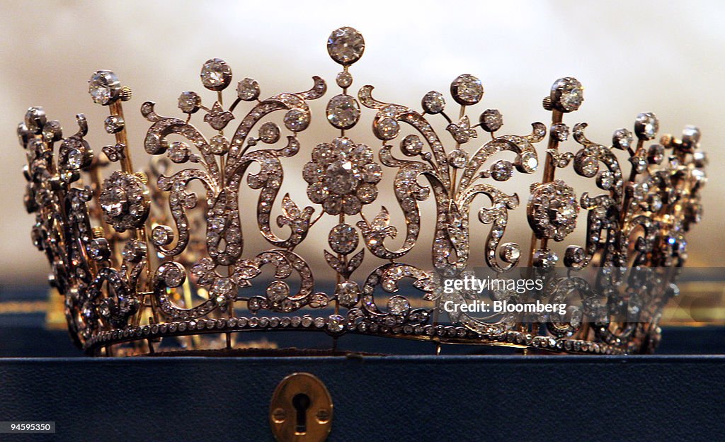 The Poltimore Tiara, estimate $260,000-350,000, is displayed