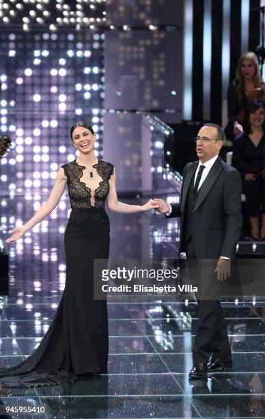 Carlo Conti and Ludovica Caramis attend 'La Corrida' tv show on April 13, 2018 in Rome, Italy.