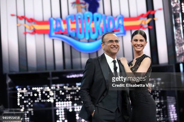 Carlo Conti and Ludovica Caramis attend 'La Corrida' tv show on April 13, 2018 in Rome, Italy.