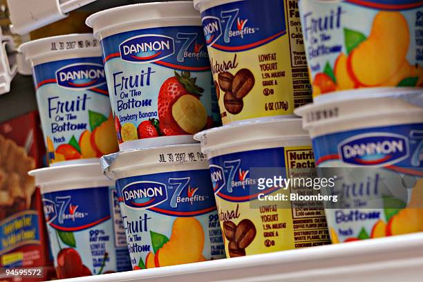 Groupe Danone SA's Dannon brand yogurt sits on display in a supermarket in New York, Tuesday, July 3, 2007. Groupe Danone SA, the world's biggest...