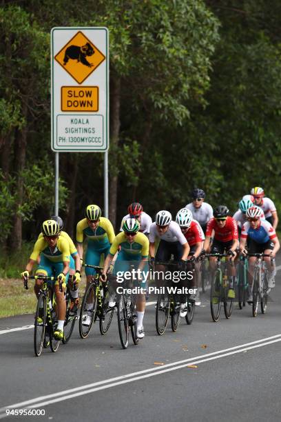 Competitors race during the Women's Road Race on day 10 of the Gold Coast 2018 Commonwealth Games at Currumbin Beachfront on April 14, 2018 in Gold...