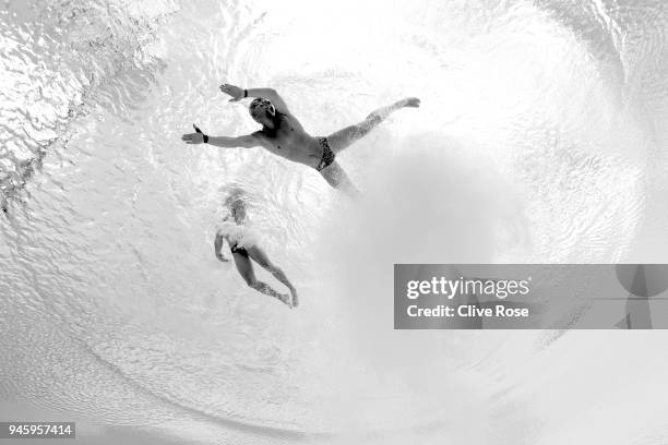 Thomas Daley and Daniel Goodfellow of England compete in the Men's Synchronised 10m Platform Diving Final on day nine of the Gold Coast 2018...