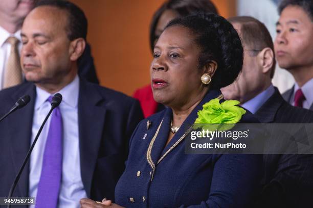 Judiciary Crime Subcommittee Ranking Member Sheila Jackson Lee of Texas speaks, standing with Democratic members of the Judiciary Committee, during a...