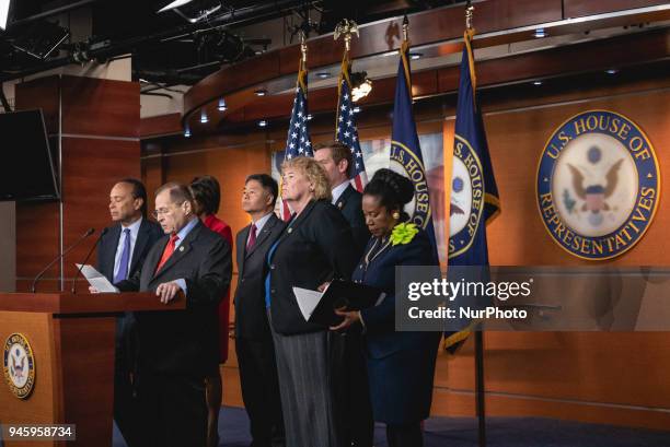 Judiciary Committee Ranking Member Jerrold Nadler of New York speaks, standing with Democratic members of the Judiciary Committee, during a press...