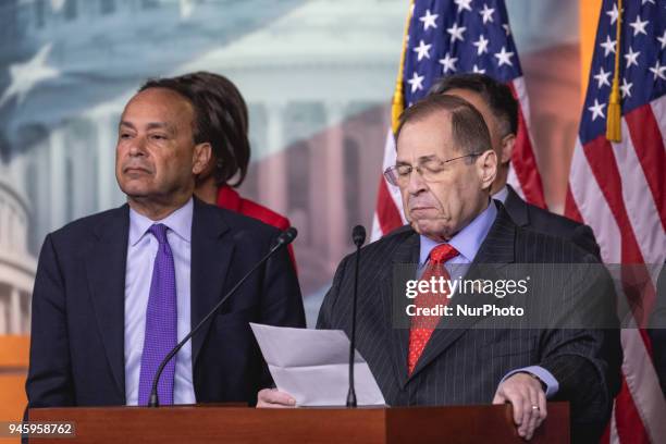 Judiciary Committee Ranking Member Jerrold Nadler of New York speaks, standing with Democratic members of the Judiciary Committee, during a press...