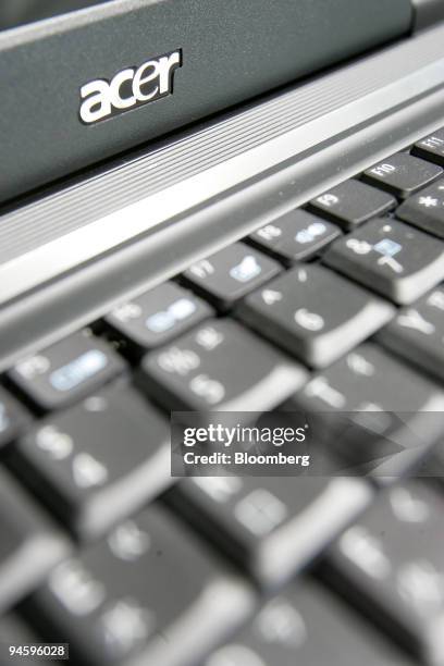 Acer Inc.'s logo is displayed on a TravelMate 6291 laptop in a shop in Taipei, Taiwan, on Tuesday, July 3, 2007. Acer Inc. Shares had the biggest...