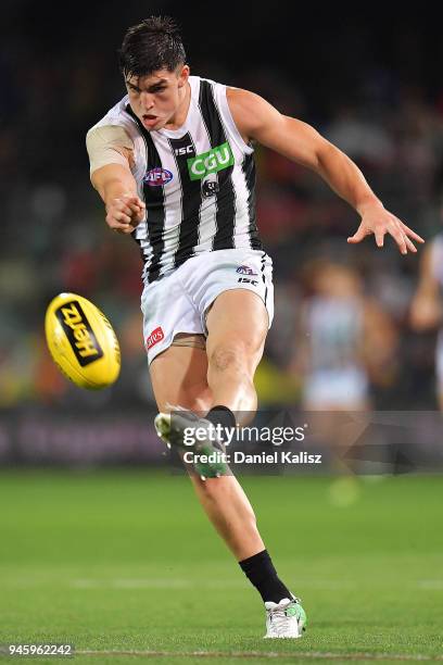 Will Hoskin-Elliott of the Magpies kicks the ball during the round four AFL match between the Adelaide Crows and the Collingwood Magpies at Adelaide...