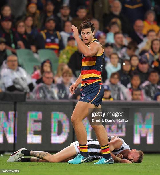 Darcy Fogarty of the Crows reacts during the round four AFL match between the Adelaide Crows and the Collingwood Magpies at Adelaide Oval on April...