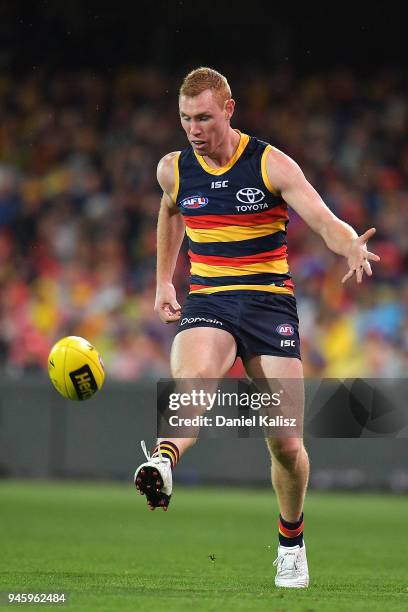 Tom Lynch of the Crows kicks the ball during the round four AFL match between the Adelaide Crows and the Collingwood Magpies at Adelaide Oval on...