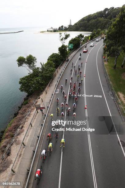 Competitors race during the Women's Road Race on day 10 of the Gold Coast 2018 Commonwealth Games at Currumbin Beachfront on April 14, 2018 in Gold...