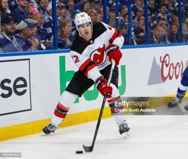 Ben Lovejoy of the New Jersey Devils skates against the Tampa Bay Lightning in Game One of the Eastern Conference First Round during the 2018 NHL...