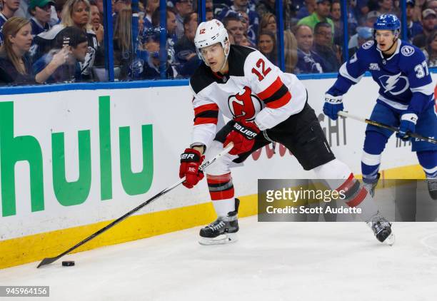 Ben Lovejoy of the New Jersey Devils skates against the Tampa Bay Lightning in Game One of the Eastern Conference First Round during the 2018 NHL...