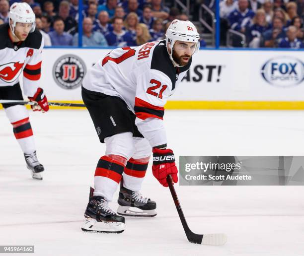 Kyle Palmieri of the New Jersey Devils skates against the Tampa Bay Lightning in Game One of the Eastern Conference First Round during the 2018 NHL...