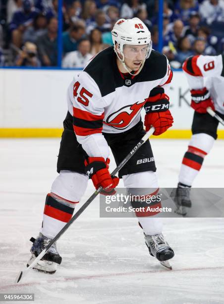 Sami Vatanen of the New Jersey Devils skates against the Tampa Bay Lightning in Game One of the Eastern Conference First Round during the 2018 NHL...