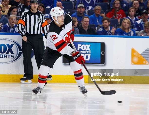 Ben Lovejoy of the New Jersey Devils skates against the Tampa Bay Lightning in Game One of the Eastern Conference First Round during the 2018 NHL...