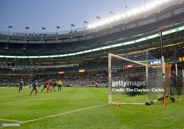 April 11: Maximiliano Moralez of New York City scores for the penalty spot beating goalkeeper Nick Rimando of Real Salt Lake during the New York City...