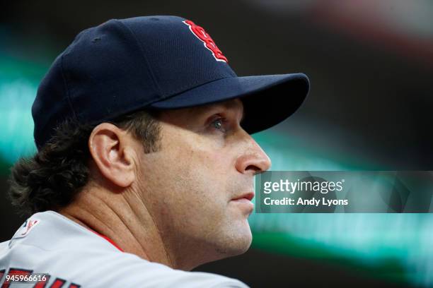 Mike Matheny the manager of the St. Louis Cardinals watches the action against the Cincinnati Reds at Great American Ball Park on April 13, 2018 in...