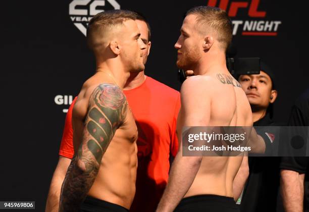 Opponents Dustin Poirier and Justin Gaethje face off during the UFC Fight Night weigh-in at the Gila Rivera Arena on April 13, 2018 in Glendale,...