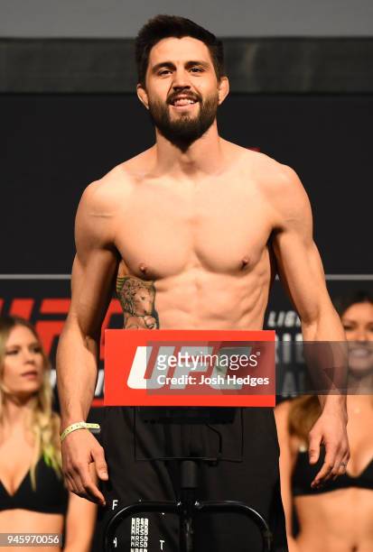 Carlos Condit poses on the scale during the UFC Fight Night weigh-in at the Gila Rivera Arena on April 13, 2018 in Glendale, Arizona.