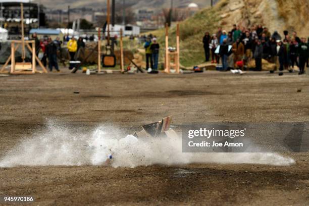 Yard gallon milk jug shot by the Mile High Flyer's explodes just past the as they go on to win the Colorado School of Mines E-Days Trebuchet...