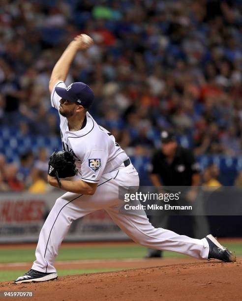 Jacob Faria of the Tampa Bay Rays pitches during a game against the Philadelphia Phillies at Tropicana Field on April 13, 2018 in St Petersburg,...
