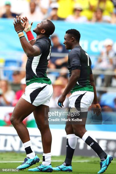 William Ambaka Ndayara of Kenya celebrates scoring a try during the Rugby Sevens match between Kenya and Canada on day 10 of the Gold Coast 2018...