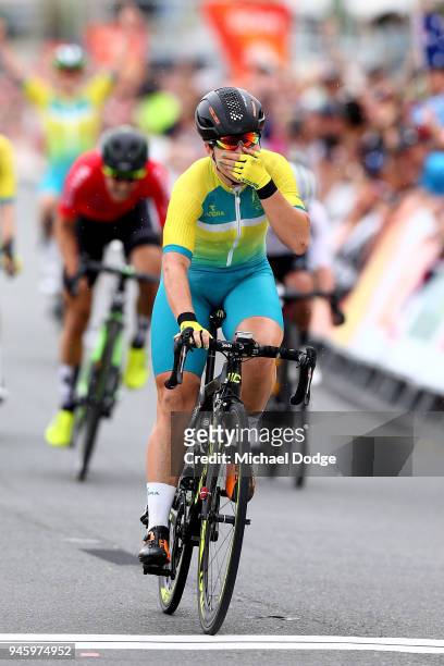 Chloe Hosking of Australia celebrates victory in the Women's Road Race on day 10 of the Gold Coast 2018 Commonwealth Games at Currumbin Beachfront on...