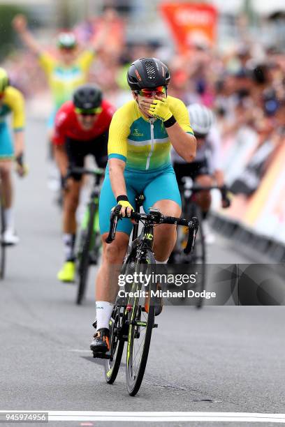 Chloe Hosking of Australia celebrates victory in the Women's Road Race on day 10 of the Gold Coast 2018 Commonwealth Games at Currumbin Beachfront on...