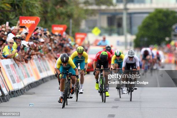 Chloe Hosking of Australia leads the field to the finish line during the Women's Road Race on day 10 of the Gold Coast 2018 Commonwealth Games at...