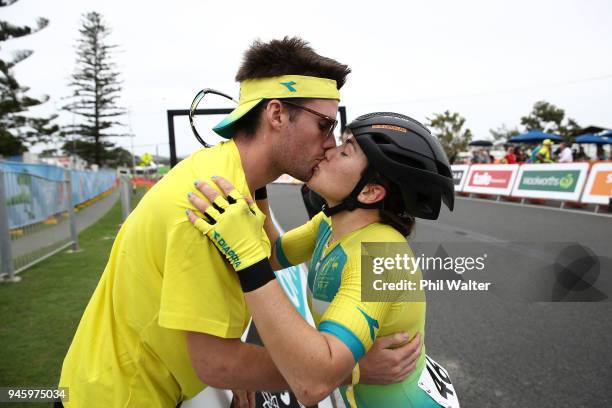 Chloe Hosking of Australia celebrates victory in the Women's Road Race on day 10 of the Gold Coast 2018 Commonwealth Games at Currumbin Beachfront on...