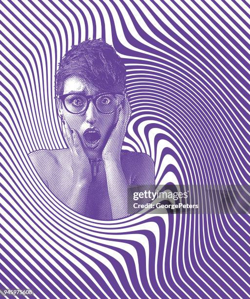 woman's head with shocked facial expression and halftone pattern - face illusion stock illustrations