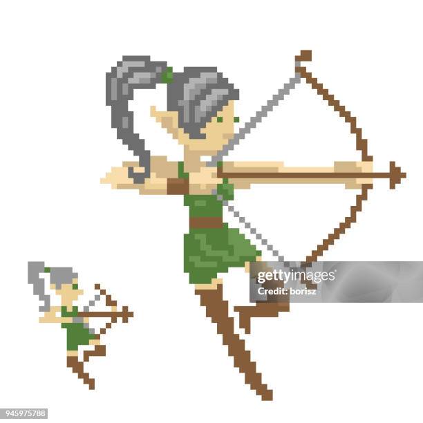 stockillustraties, clipart, cartoons en iconen met elf afschieten van een pijl. - 8 bit game