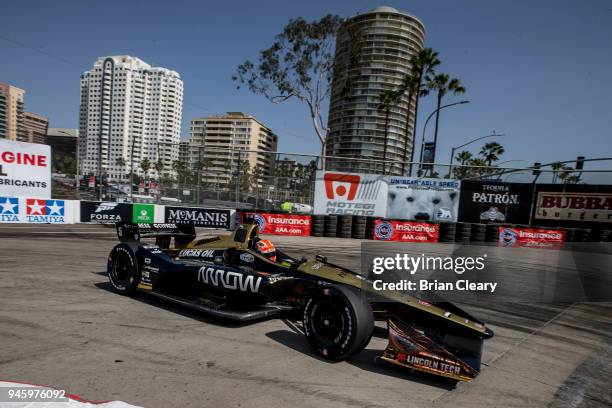 James Hinchcliffe of Canada drives the Honda IndyCar on the track during practice for the Toyota Grand Prix of Long Beach IndyCar race on April 13,...