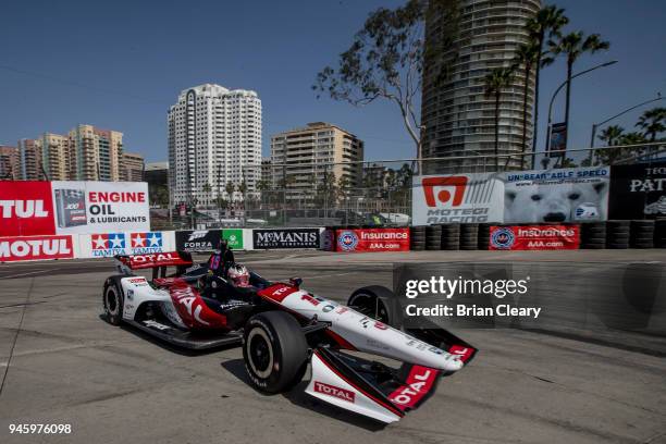 Graham Rahal drives the Honda IndyCar on the track during practice for the Toyota Grand Prix of Long Beach IndyCar race on April 13, 2018 in Long...