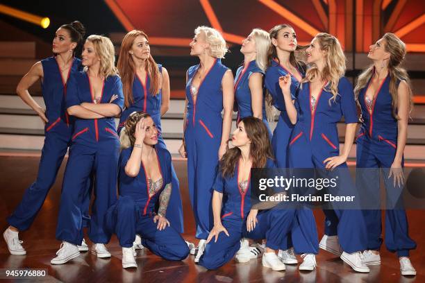 The girls perform on stage during girls vs boys duell during the 4th show of the 11th season of the television competition 'Let's Dance' on April 13,...