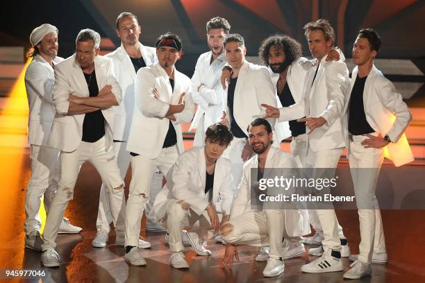 The boys perform on stage during girls vs boys duell during the 4th show of the 11th season of the television competition 'Let's Dance' on April 13,...