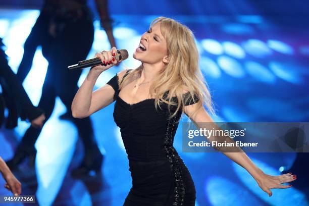 Kylie Minogue performs on stage during the 4th show of the 11th season of the television competition 'Let's Dance' on April 13, 2018 in Cologne,...