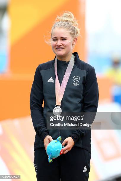 Silver medalist Georgia Williams of New Zealand poses during the medal ceremony for the Women's Road Race on day 10 of the Gold Coast 2018...