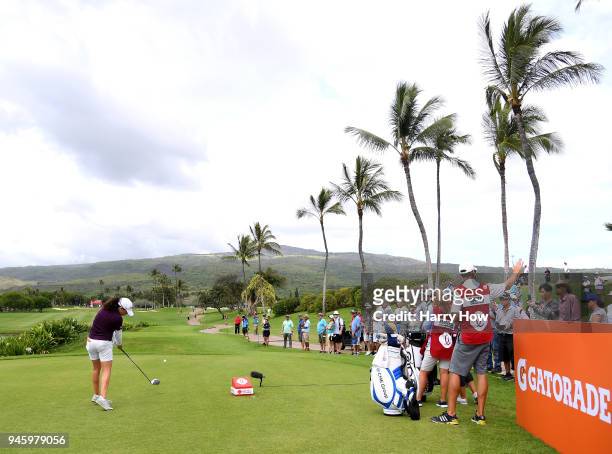 Mo Martin hits a tee shot on the nith hole during the third round of the LPGA LOTTE Championship at the Ko Olina Golf Club on April 13, 2018 in...