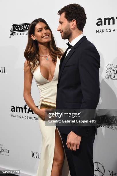 Brenda Costa and Karim Al-Fayed attend the 2018 amfAR gala Sao Paulo at the home of Dinho Diniz on April 13, 2018 in Sao Paulo, Brazil.