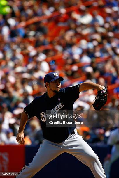 Carlos Villanueva of the Milwaukee Brewers pitches during the 7th inning of a game against the New York Mets at Shea Stadium in New York, on Sunday,...