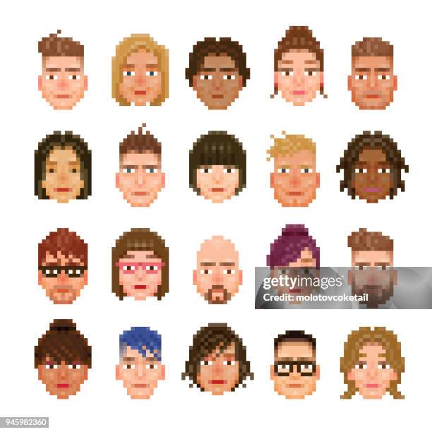 stockillustraties, clipart, cartoons en iconen met 20 korrelig avatar van verschillende rassen - pixel art