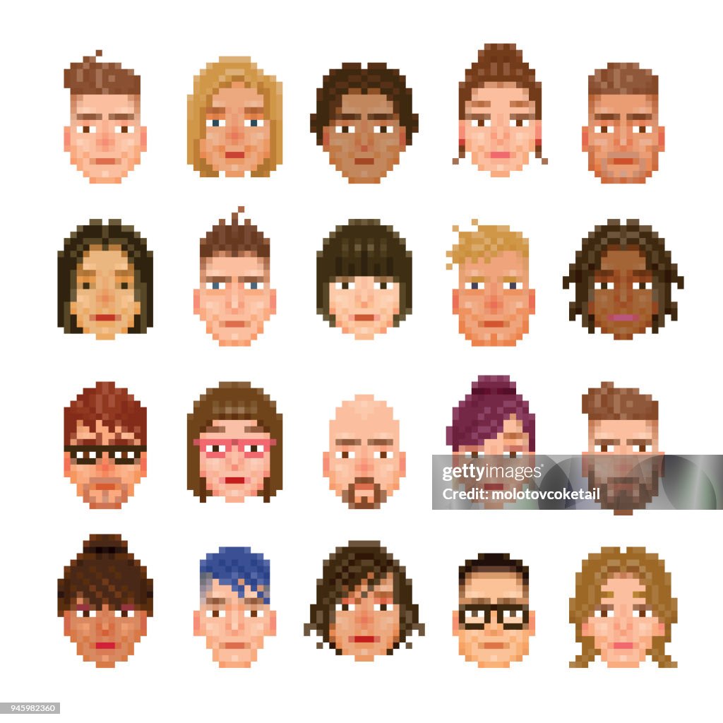 20 pixelated avatar of different races