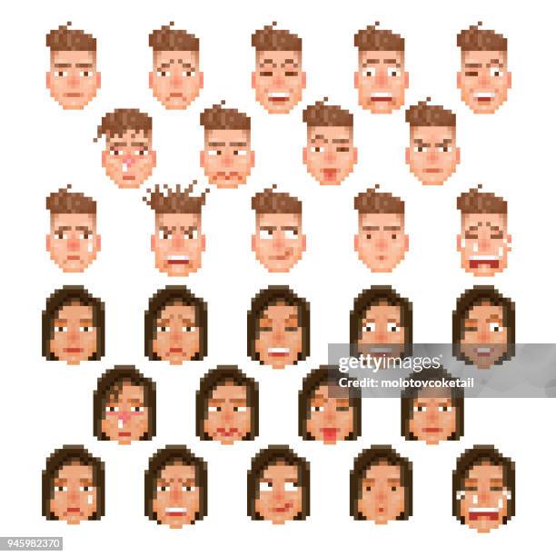 female and male pixelated emoticon set - pixelated face stock illustrations