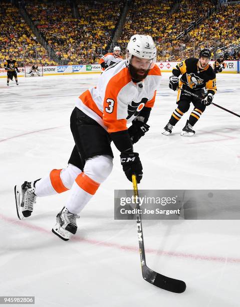 Radko Gudas of the Philadelphia Flyers handles the puck against the Pittsburgh Penguins in Game Two of the Eastern Conference First Round during the...