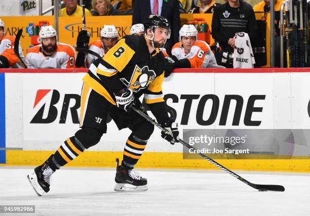 Brian Dumoulin of the Pittsburgh Penguins in action against the Philadelphia Flyers in Game Two of the Eastern Conference First Round during the 2018...